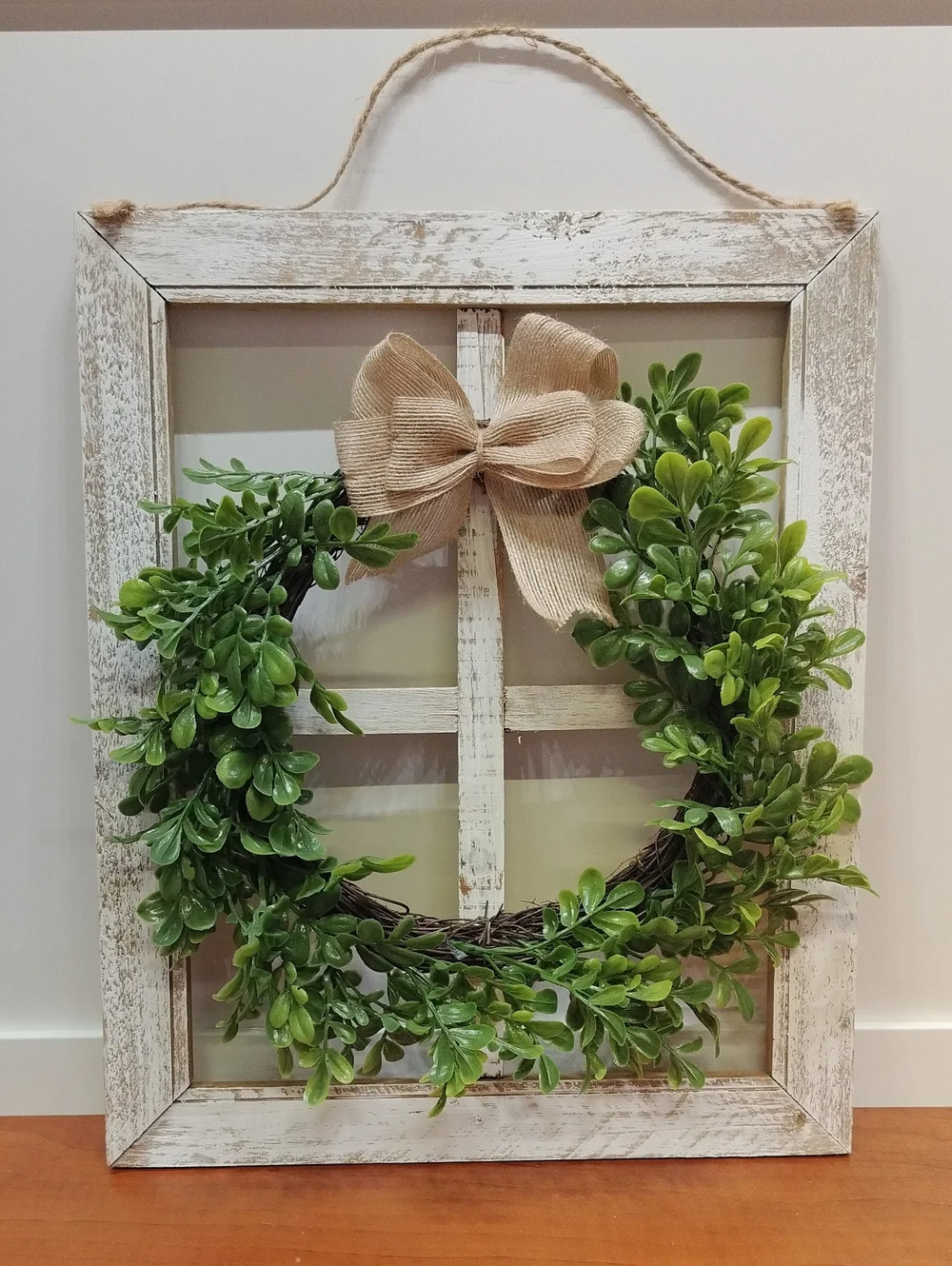 Rustic White Washed Faux Window Frame Boxwood Wreath with Burlap Bow Wall Decor